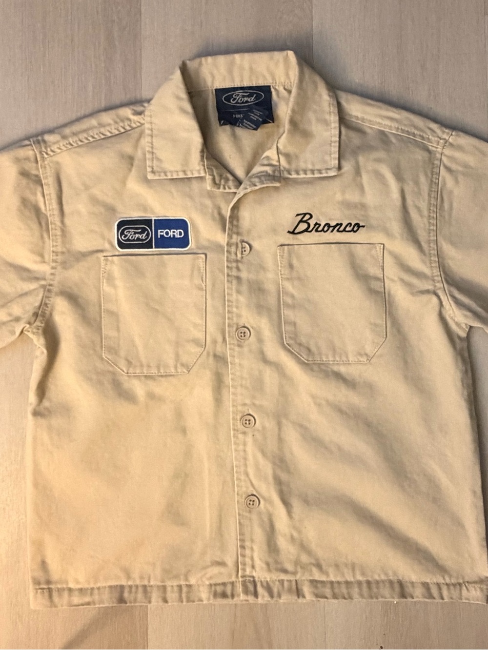 Forever 21 Beige Button-Down Shirt with Ford & Bronco Patches